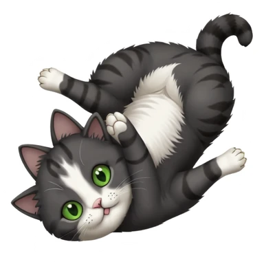 dark grey cat with green eyes, white toes/paws and white patch on her chest playfully rolling upside down sticker