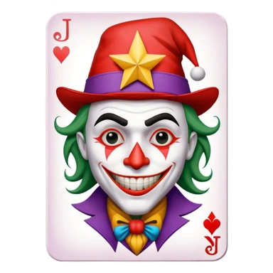1 poker card, perfectly squared card, with crazy colorful human jolly joker inside, star symbol with a "J" sticker