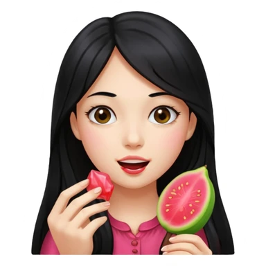 A girl with long black hair holding a piece of guava hard candy and pretending to eat it sticker