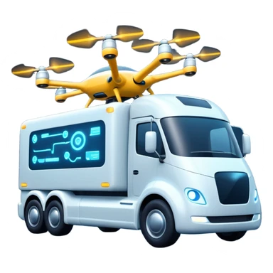 create a realistic emoji of a futuristic warehouse automation, autonomous trucks, smart drones, and glowing data networks — cinematic lighting, innovation atmosphere. sticker