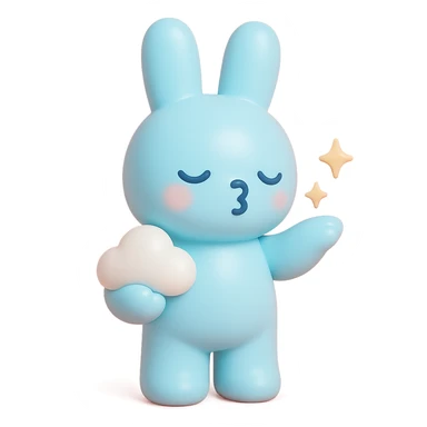 full-body pastel blue bunny with cloud, blowing a kiss with sparkles, vinyl figure style sticker