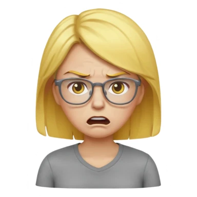 angry mom emoji with yellow hair, glasses, gray shirt, and gray pants, expressive face sticker
