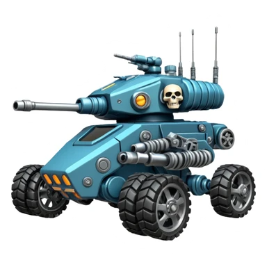 four-armed skull-headed tank mech motorcycle with four mechanical arms with guns, skull head with cables, tank tread lower body, aggressive expression, shiny metal with minimal color accents, preserve all proportions, pose, and details sticker