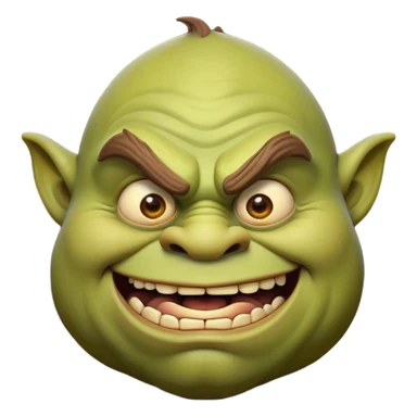 Cinematic Comical Ogre Portrait Emoji, with a strikingly exaggerated, bulky figure in vivid earthy greens and browns, head tilted in a dramatically surprised expression with wide, comically bulging eyes and a goofy, oversized grin, simplified yet hilariously exaggerated, highly detailed with a soft, cartoonish glowing outline capturing the playful absurdity of a meme-worthy ogre! sticker