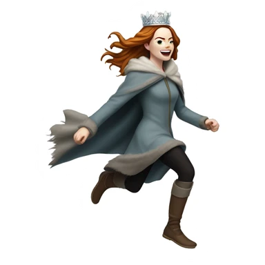 Emma Stone running, with a large stride and arms outstretched, wearing an icicle crown and winter cloak, long hair sticker