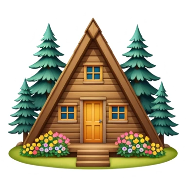 triangle small cabin in the woods, surrounded by pines, with flowers around sticker