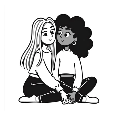 Full body of two teenage girls sitting together as friends, one white with straight blonde hair and one brown-skinned with curly black hair, both with heavy makeup, big lips, tight crop tops, hoop earrings, choni style urban clothing sticker