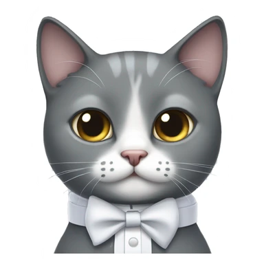 Grey cat wearing a white collar with bow sticker