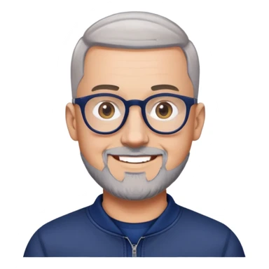 Man with light skin, oval face, buzz cut extremely short on top with faded sides, short peppered gray beard, large black-framed glasses, smiling face, broader body build, navy blue zip-front sweatshirt with long sleeves sticker