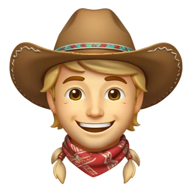 Clash of Clans aesthetic Playful Cowboy Portrait Emoji, Head tilted with a roguish, cheeky grin and twinkling eyes, featuring a compact, charming build with a jaunty hat and a friendly bandana, his natural skin tone adding authenticity, Simplified yet irresistibly charming features, highly detailed, glowing with a warm, inviting western glow, high shine, spirited and lively, stylized with an air of whimsical frontier mischief, soft glowing outline, capturing the essence of a playful cowboy exuding friendly rogue charm! sticker