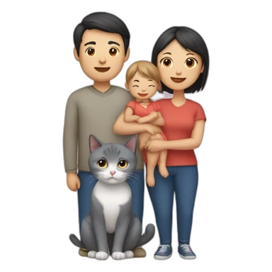 Family(2 Chinese people) with a British blue cat sticker