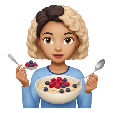 Mixed-race athletic woman with caramel skin, slim thick, holding a bowl of oatmeal with berries, pastel tones sticker