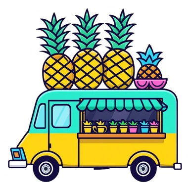 cartoonish Hawaiian food truck with pineapples and leis sticker