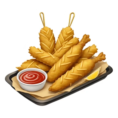 Piezas de pollo frito y papas fritas en baston sobre una bandeja rectangular plateada que contiene papel con patrón de cuadros blancos y negros  sticker