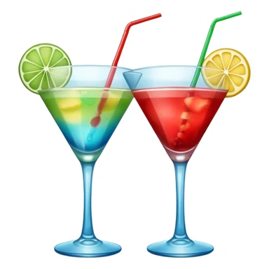 Create two emoji of clear red blended yellow cocktail, cheers with blue blended green cocktail, without any fruit and skewers sticker