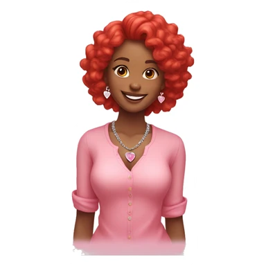 Bright skin girl, bright smile, red long curve hair, wearing diamond bud earrings, a heart shape necklace and pink pastel shirt  sticker
