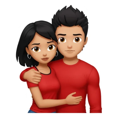 generate a pretty tan bratz boy hugging a fair black haired gf. The guy has black messy hair, lean but muscled and wearing a red tshirt sticker
