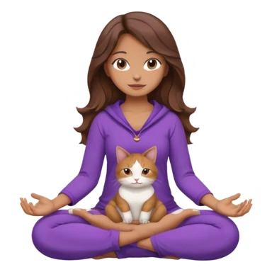 a girl with long wavy brown hair and brown eyes sitting in lotus position wearing purple clothes holding a cat, soft rounded expressive look sticker
