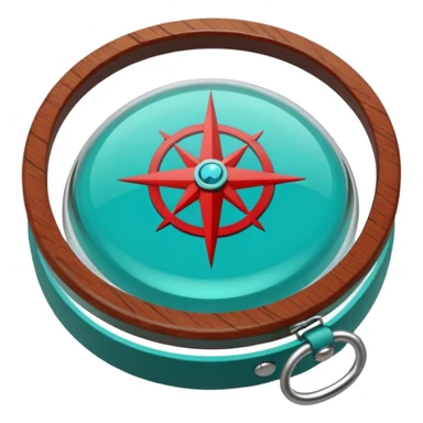 Round glass dome with turquoise-green liquid inside, red compass needle floating in center, brown wooden wrist band with metal clasps, anime cartoon style with clean line art sticker