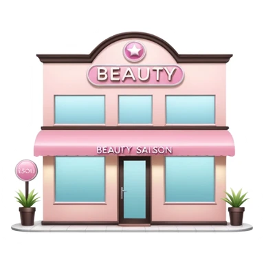 Modern beauty salon building with a stylish illuminated sign that says BEAUTY SALON on the front. Elegant exterior design, large clean windows, soft pastel colors, minimalistic decorations, welcoming atmosphere, daytime, high-quality detailed render sticker