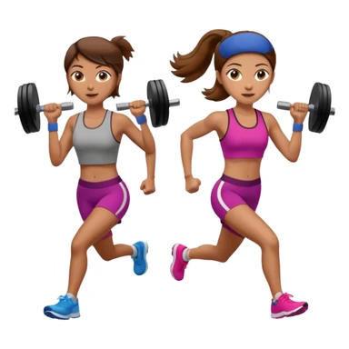 two women, one running and one lifting weights. brown hair, olive skin, hazel eyes. sticker