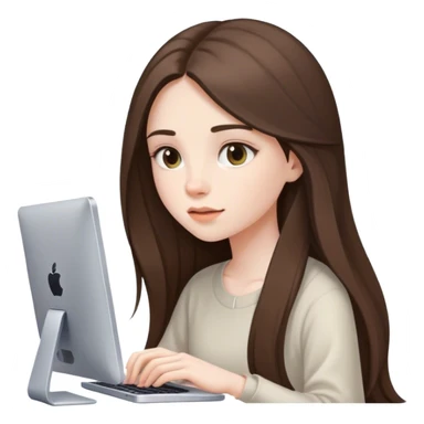 beautiful pale brunette girl with long hair editing photos on her computer looking on the screen sticker