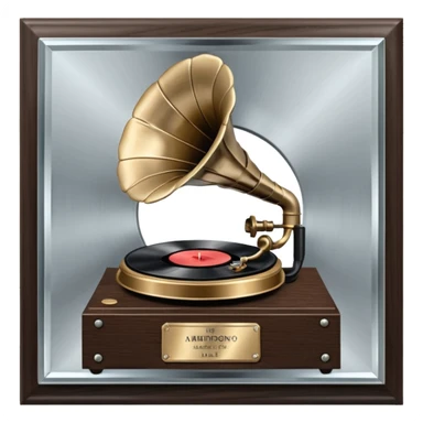 A platinum music award plaque: a square, polished platinum plate with a subtly textured, mirror-like finish, mounted on a simple dark wood base. The center features a relief of a vintage gramophone or stylized vinyl record in a slightly darker metallic tone.  sticker