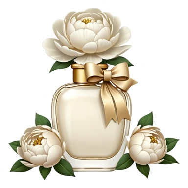 pearl white vintage style perfume bottle and ivory colored peonies and a gold bow sticker