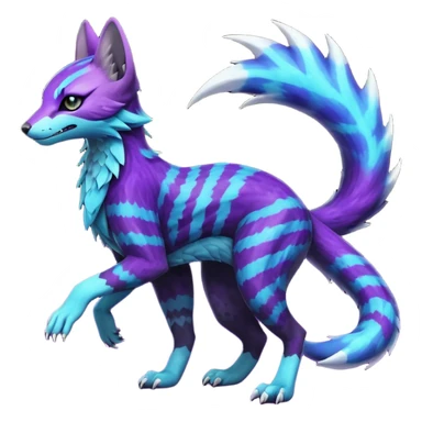 Feral Rare Fantasy  Black-Dark-Vortexed Lightning-strike-zig-zag-patterned striking purple-indigo-violet-blue-cyan-gradients with black points, white underside, galactic stormy edgy badass realistic Vernid-Sergal-Genet-Trico-species by LiLaiRa, full body sticker