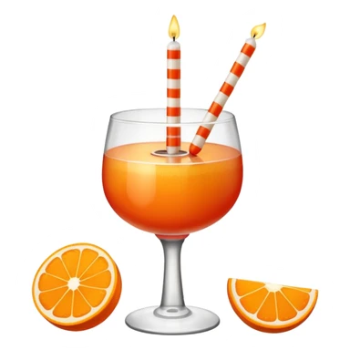 An orange with a horizontal red stripe around the middle. 4 vertical cocktail sticks in the orange with small pieces of candy on the sticks. On top of the orange a small white lit candle. The orange should be a piece of fruit not a drink.  sticker