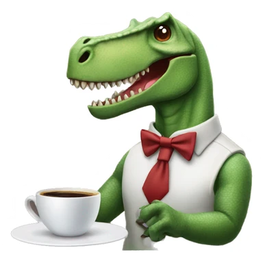 dinosaur serving coffee with a bowtie sticker