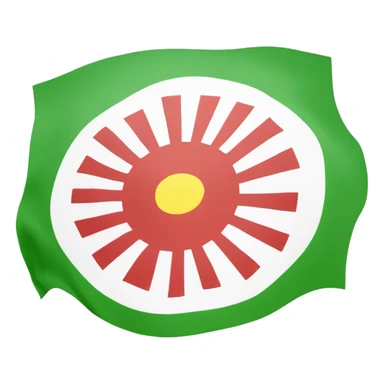 A flag with red on the top White in the middle and gren ind the bottum and af Sun with 21 Sun rays ind the middle sticker