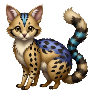  ink-black fur laced with oil-slick bronze and abyssal cobalt runes fur with random dark markings beautiful elegant pretty precious cute  Fakémon-Pokémon-opossum-feline-serval-caracal-chinchilla-Furret-Minccino-hybrid-creature with a big fluffy bushy tail (full body) sticker