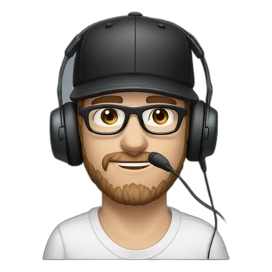 scruff white man in a backwards baseball black hat and rectangle glasses wearing headphones with microphone - brown hair blue eyes sticker
