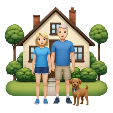 a mom and dad standing in front of a house with their son and a dog next to them (1 dog) and 1 SON not daughter the son should be very short sticker