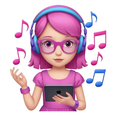 Little girl with purple headphones when pink eyes and pink iPad and pink dreamy background and rose colored glasses and blue music notes around her and pink dress sticker
