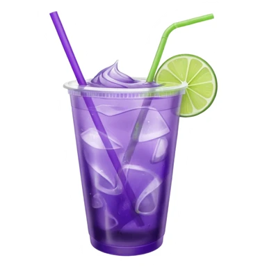 purple cocktail with a lime in a plastic cup with lid and straw sticker