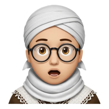 A person with light skin tone, wearing a traditional white keffiyeh with a black agal, large brown eyes, round glasses, and an open mouth showing a surprised or shocked expression. sticker