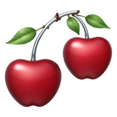 A pair of cherries emoji made of polished silver chrome, smooth rounded shapes, glossy metallic finish, soft highlights and reflections, cute proportions, iOS emoji style, centered, clean white background, no text sticker