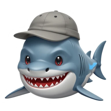 Un tiburón con aspecto gruñón pero con una sonrisa, que tenga una gorra de la marca barbas hats hacia atrás sticker