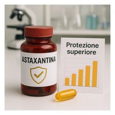 hyper realistic Astaxantina with shield symbol, orange and golden capsule, red bottle, bar chart, text 'Protezione superiore', clinical atmosphere, realistic details sticker