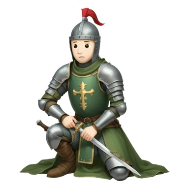 A lone medieval knight in a green worn armor kneels. His helmet is closed, hiding his face, conveying silence, exhaustion and contemplation. A long sword is planted in the ground beside him, its hilt resting near his gloved hands as if he is praying or resting after battle. sticker