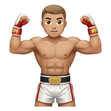 Boxing champion with arms raised in victory, wearing multiple championship belts around waist, determined expression, white hand wraps, muscular cartoon body sticker