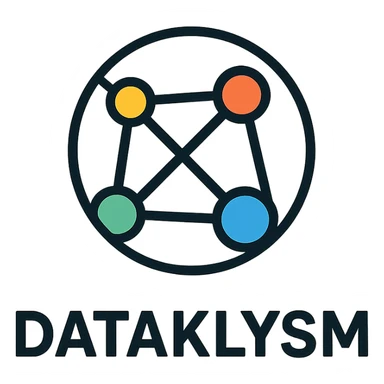 circular icon logo for DATAKLYSM with interconnected nodes and lines representing data networks, clean professional style sticker