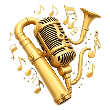 Create a vibrant emoji representing jazz vocal performance. The design should feature a vintage microphone, with musical notes swirling around it, symbolizing the improvisational and expressive nature of jazz singing. Add subtle elements like a jazz trumpet and saxophone in the background to represent the ensemble often accompanying jazz vocals. Include a set of piano keys or a grand piano in the design to reflect the jazz club atmosphere. Use warm, rich colors like deep gold, black, burgundy, and silver to create a soulful and elegant vibe. The background should be transparent. sticker