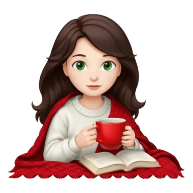 Long wavy dark brown haired, white skinned, dark green eyed girl wrapped in a red and white blanket, sipping tea and reading a book sticker