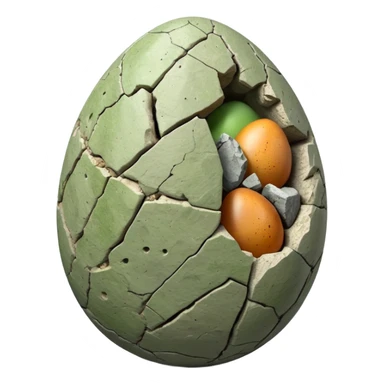 3D render of Dino Egg, embedded in a chunk of rough sedimentary rock, cracked stone texture, ancient fossil aesthetic, speckled greenish-grey stone egg with a crack, matte dry finish, Apple emoji style, isolated on white background --v 6.0. sticker