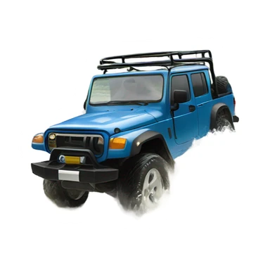 A four-wheel without too much details drive crossing a shallow river in a rainforest, with trees in the background and splashing water, representing versatility and strength. sticker