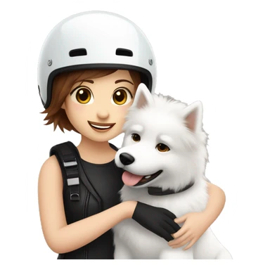 Girl biker white skin and brown short hair with a agv black helmet hugging a white Samoyed sticker