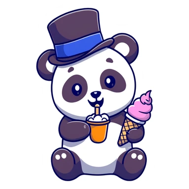Panda eating ice cream with a top hat sticker